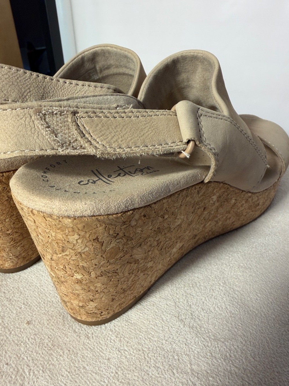 Clarks Taupe Leather Cork Slingback Wedges - Picture 4 of 12